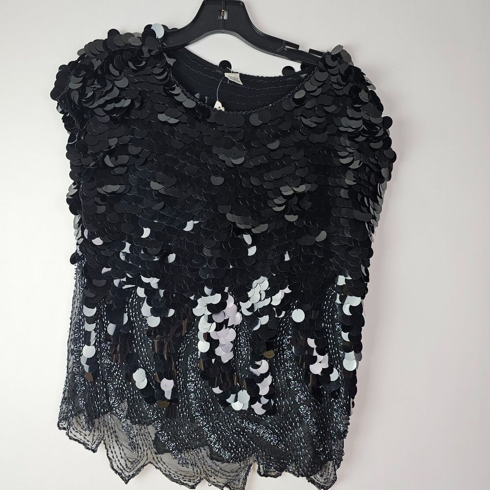 St Honore Vintage Black Beaded Sequin Pallette Sleeveless Top Pullover S Evening